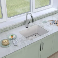 Elkay Quartz Classic 25" Undermount Quartz Kitchen Sink Kit with Faucet, Single Bowl White, ELGU2522WH0FLC