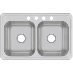 Elkay Celebrity 33" Drop In/Topmount Stainless Steel Kitchen Sink, 50/50 Double Bowl, Brushed Satin, 4 Faucet Holes, CR33214