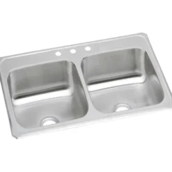 Elkay Celebrity 33" Stainless Steel Kitchen Sink, 50/50 Double Bowl, 20 Gauge, Brushed Satin, 3 Faucet Hole, CR33213