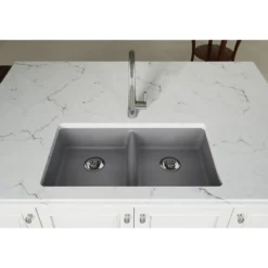 Elkay Classic 33" Quartz Kitchen Sink, 50/50 Double Bowl, Greystone, ELGUAD3319PDGS0