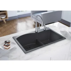 Elkay Classic 33" Quartz Kitchen Sink, 55/45 Double Bowl, Dusk Gray, Pre-scored for up to 4 Faucet Hole, ELGH3322RGY0