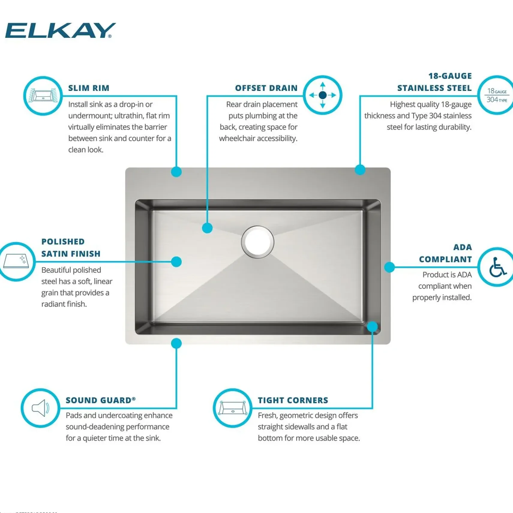 Elkay Crosstown 33" Dual Mount Stainless Steel ADA Kitchen Sink, Polished Satin, No Faucet Hole, ECTSRSAD3322600