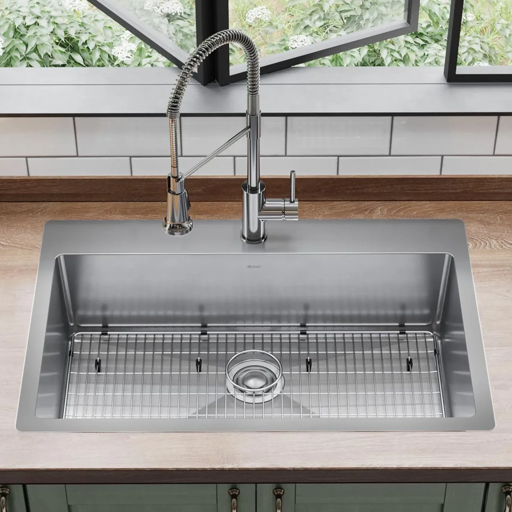 Elkay Crosstown 33" Dual Mount Stainless Steel Kitchen Sink Kit with Faucet, Polished Satin, 1 Faucet Hole, ECTSRS33229TFC
