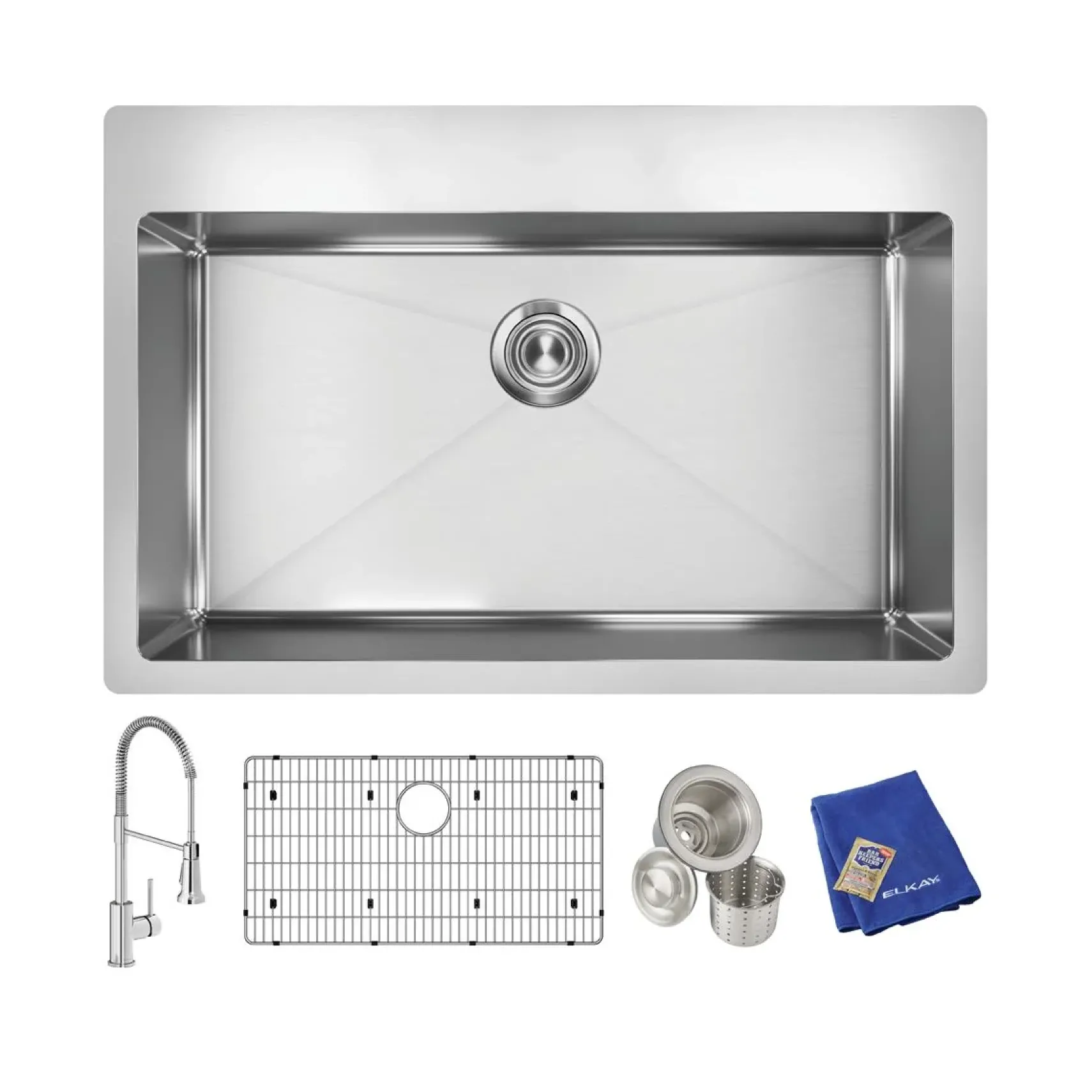 Elkay Crosstown 33" Dual Mount Stainless Steel Kitchen Sink Kit with Faucet, Polished Satin, 1 Faucet Hole, ECTSRS33229TFC
