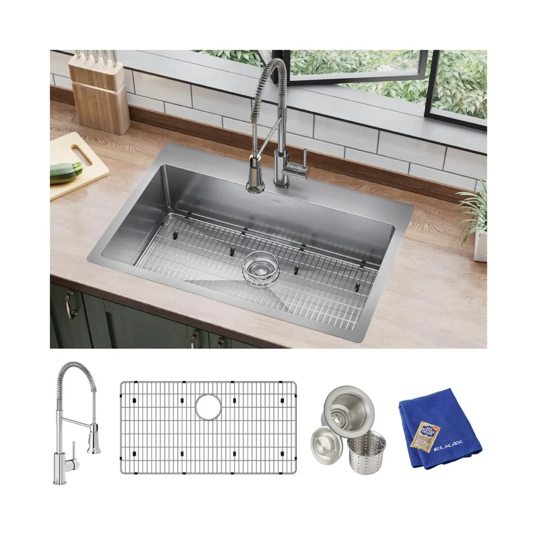 Elkay Crosstown 33" Dual Mount Stainless Steel Kitchen Sink Kit with Faucet, Polished Satin, 1 Faucet Hole, ECTSRS33229TFC
