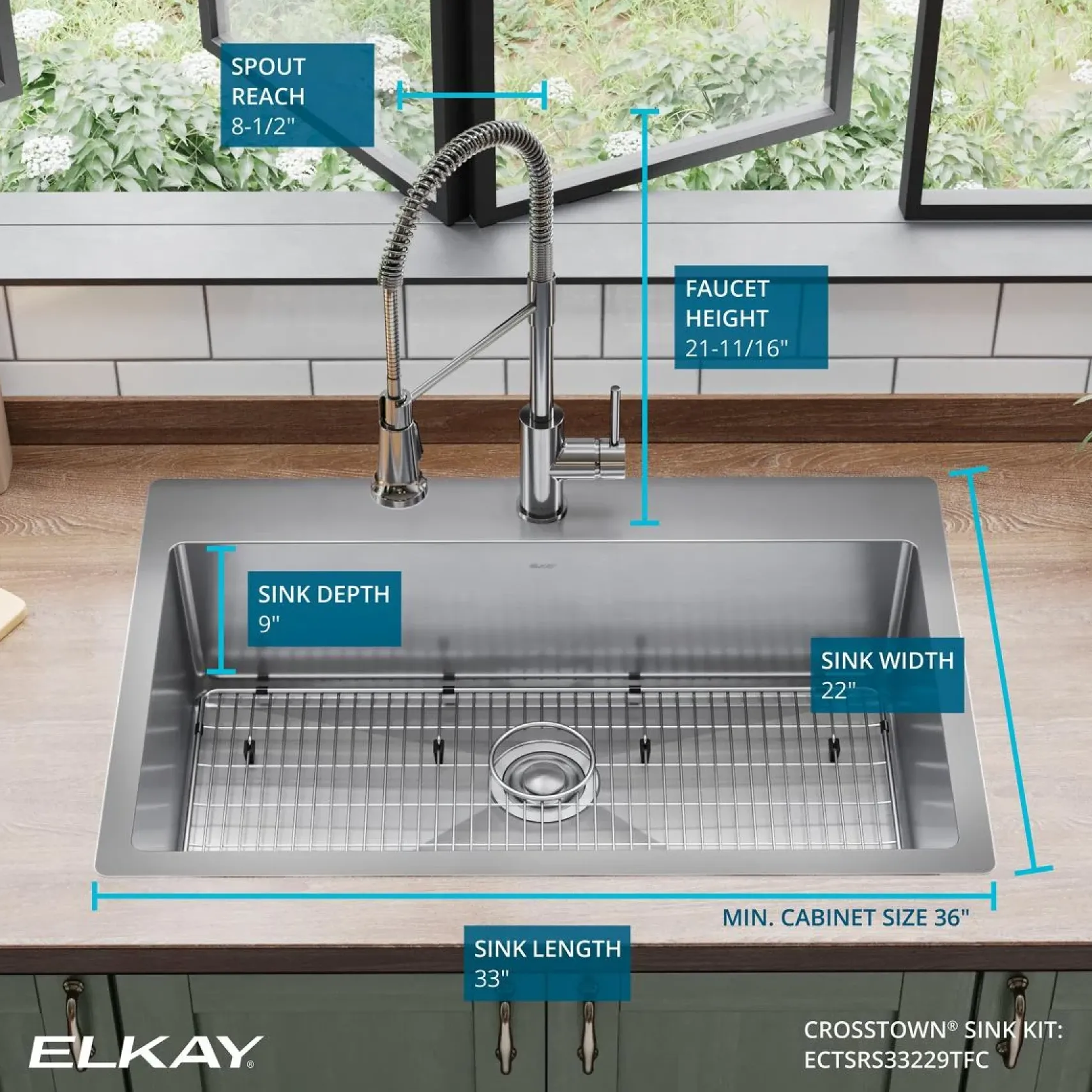 Elkay Crosstown 33" Dual Mount Stainless Steel Kitchen Sink Kit with Faucet, Polished Satin, 1 Faucet Hole, ECTSRS33229TFC
