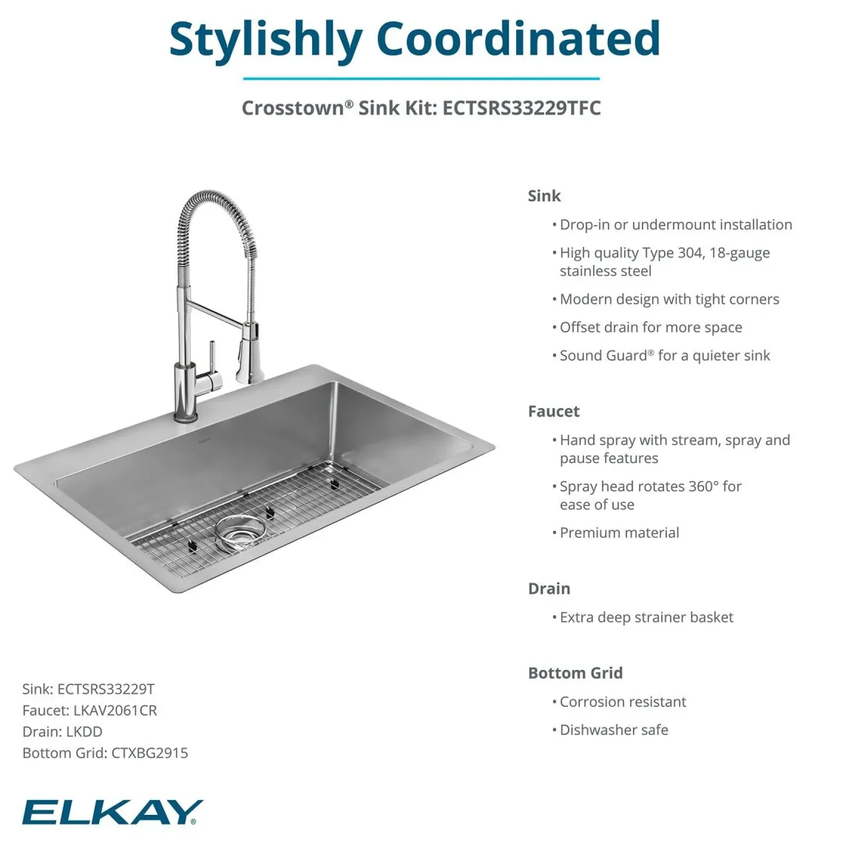 Elkay Crosstown 33" Dual Mount Stainless Steel Kitchen Sink Kit with Faucet, Polished Satin, 1 Faucet Hole, ECTSRS33229TFC
