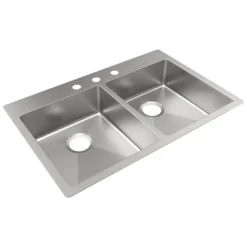 Elkay Crosstown 33" Dual Mount Stainless Steel ADA Kitchen Sink, 50/50 Double Bowl, Polished Satin, 3 Faucet Holes, ECTSRAD3322603