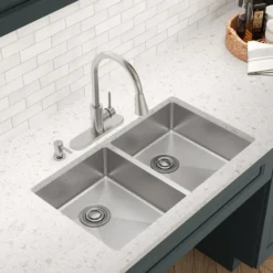 Elkay Crosstown 33" Dual Mount Stainless Steel ADA Kitchen Sink, 50/50 Double Bowl, Polished Satin, 3 Faucet Holes, ECTSRAD3322603