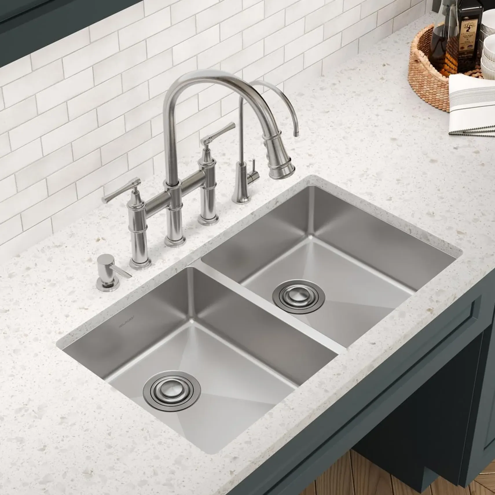 Elkay Crosstown 33" Dual Mount Stainless Steel ADA Kitchen Sink, 50/50 Double Bowl, Polished Satin, 5 Faucet Holes, ECTSRAD3322605