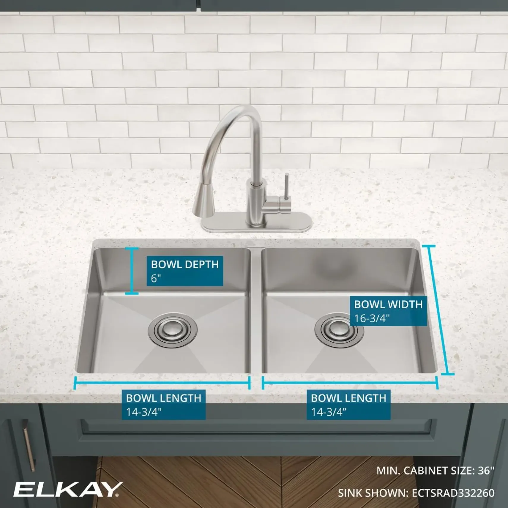 Elkay Crosstown 33" Dual Mount Stainless Steel ADA Kitchen Sink, 50/50 Double Bowl, Polished Satin, 5 Faucet Holes, ECTSRAD3322605