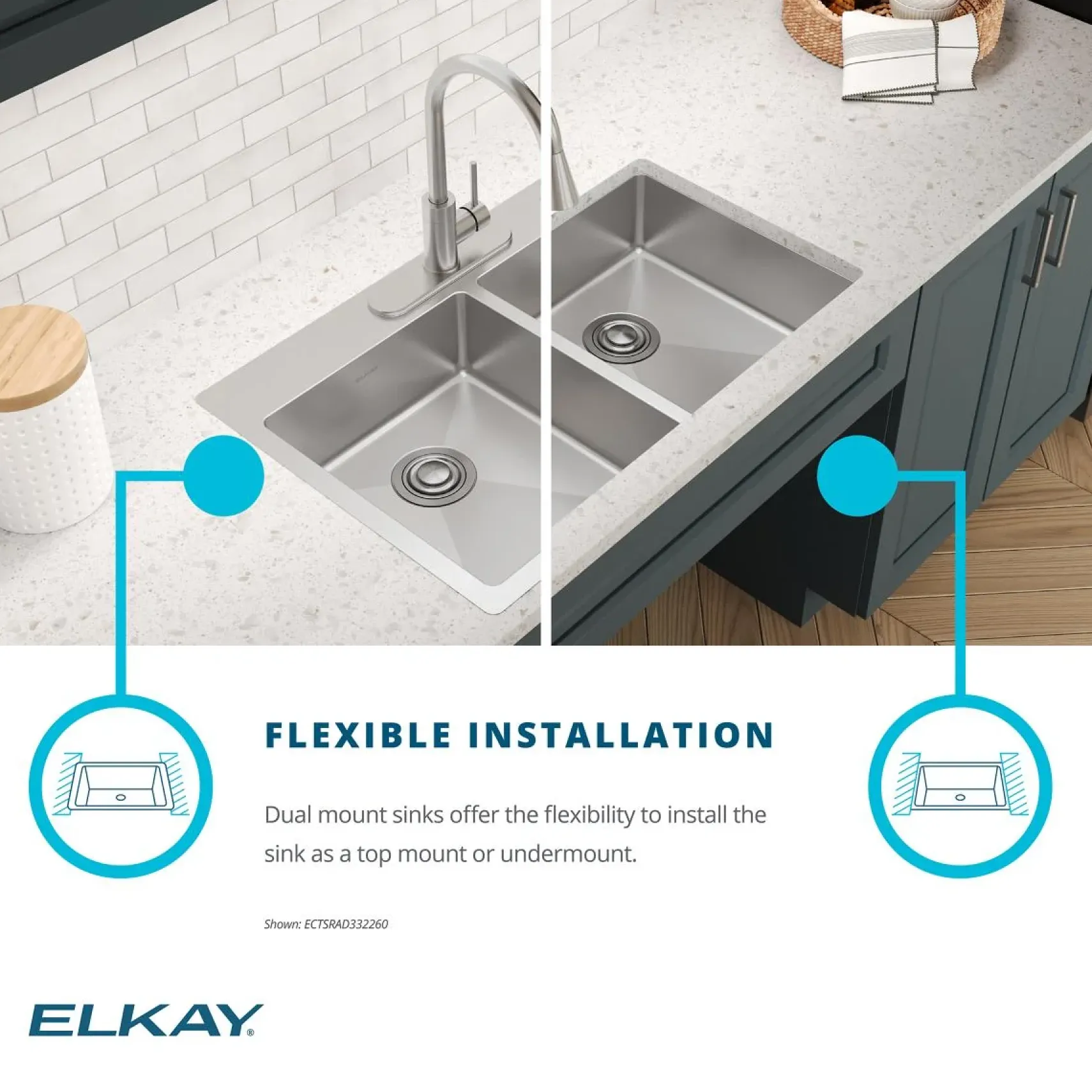 Elkay Crosstown 33" Dual Mount Stainless Steel ADA Kitchen Sink, 50/50 Double Bowl, Polished Satin, 5 Faucet Holes, ECTSRAD3322605