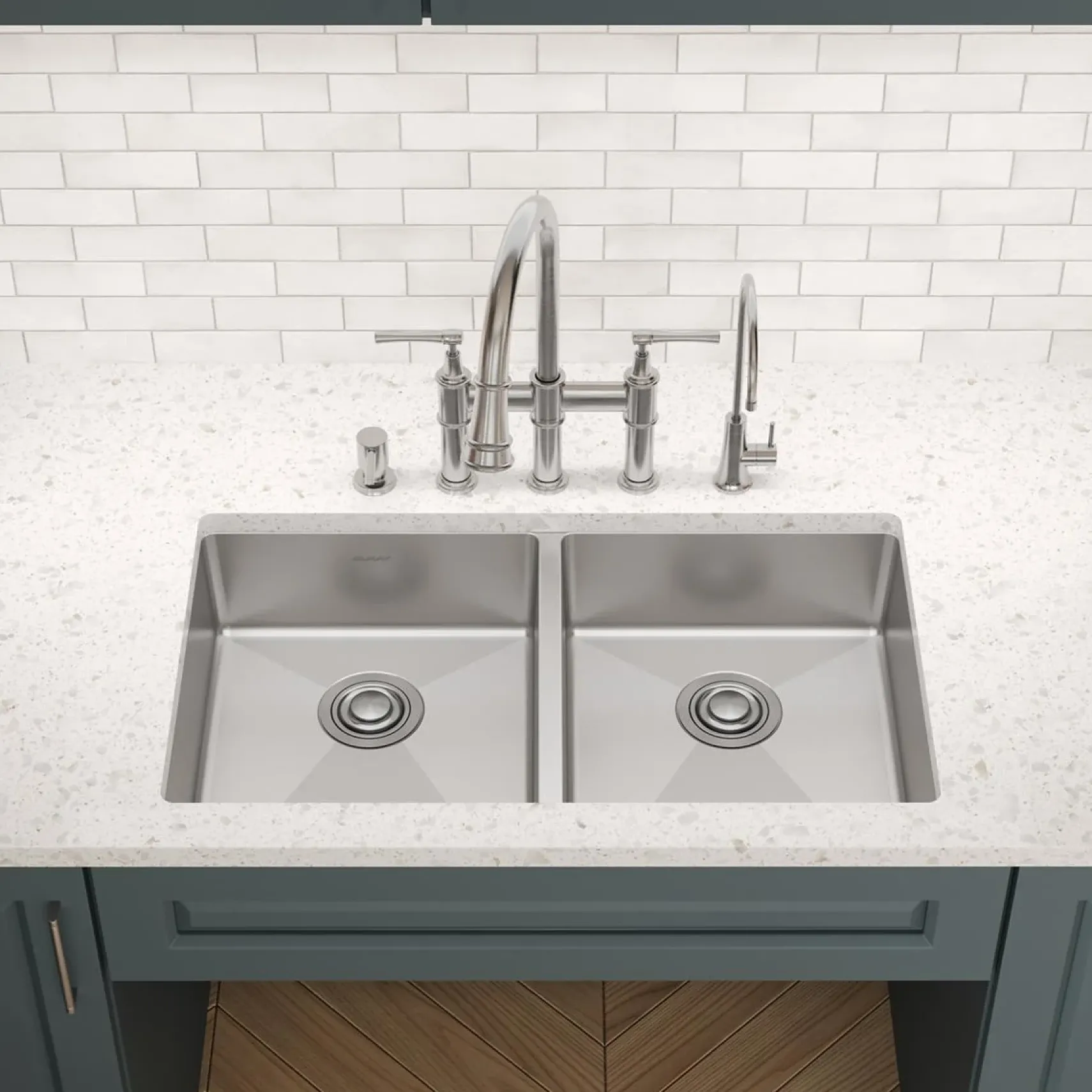 Elkay Crosstown 33" Dual Mount Stainless Steel ADA Kitchen Sink, 50/50 Double Bowl, Polished Satin, 5 Faucet Holes, ECTSRAD3322605