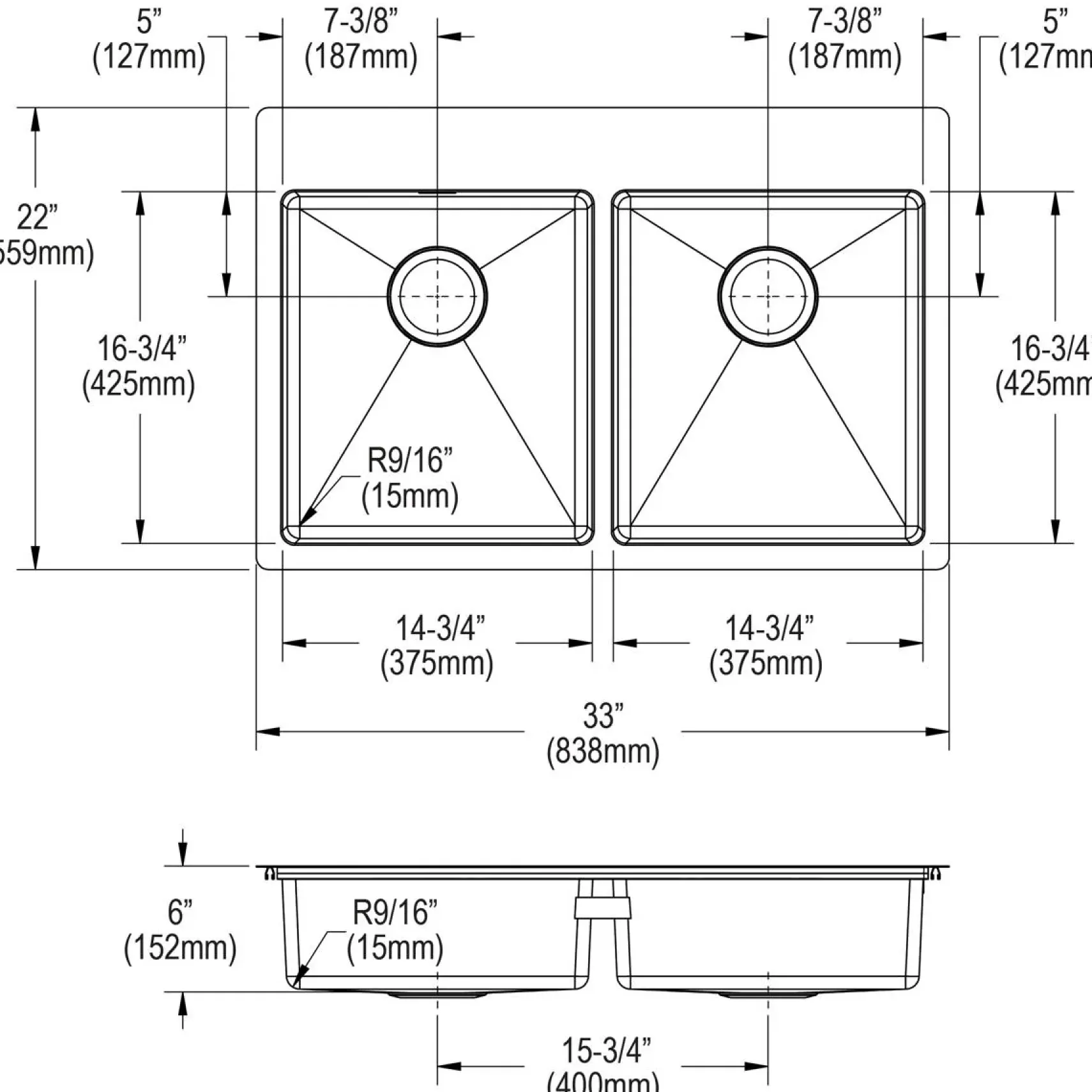 Elkay Crosstown 33" Dual Mount Stainless Steel ADA Kitchen Sink, 50/50 Double Bowl, Polished Satin, 2 Faucet Holes, ECTSRAD3322602