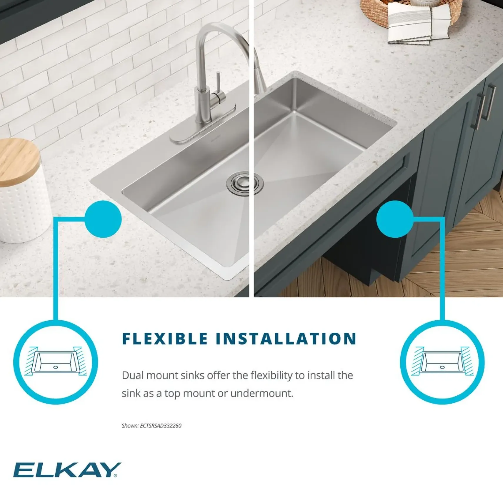 Elkay Crosstown 33" Dual Mount Stainless Steel ADA Kitchen Sink, Polished Satin, 3 Faucet Holes, ECTSRSAD3322603