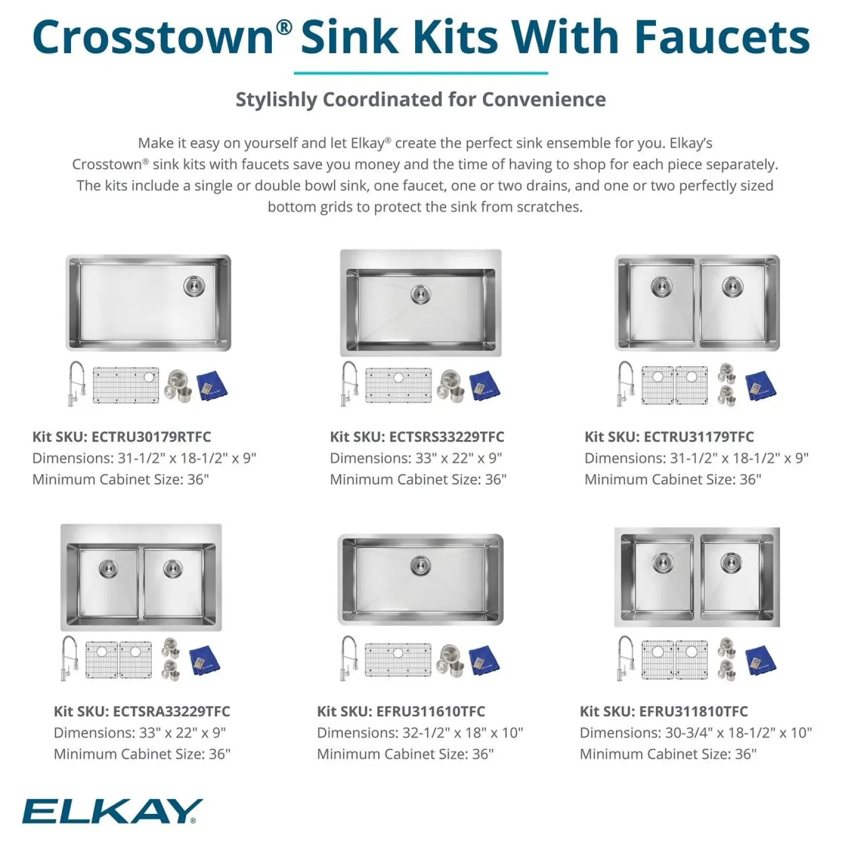 Elkay Crosstown 33" Dual Mount Stainless Steel Kitchen Sink Kit with Faucet, 50/50 with Aqua Divide Double Bowl, Polished Satin, 1 Faucet Hole, ECTSRA33229TFC