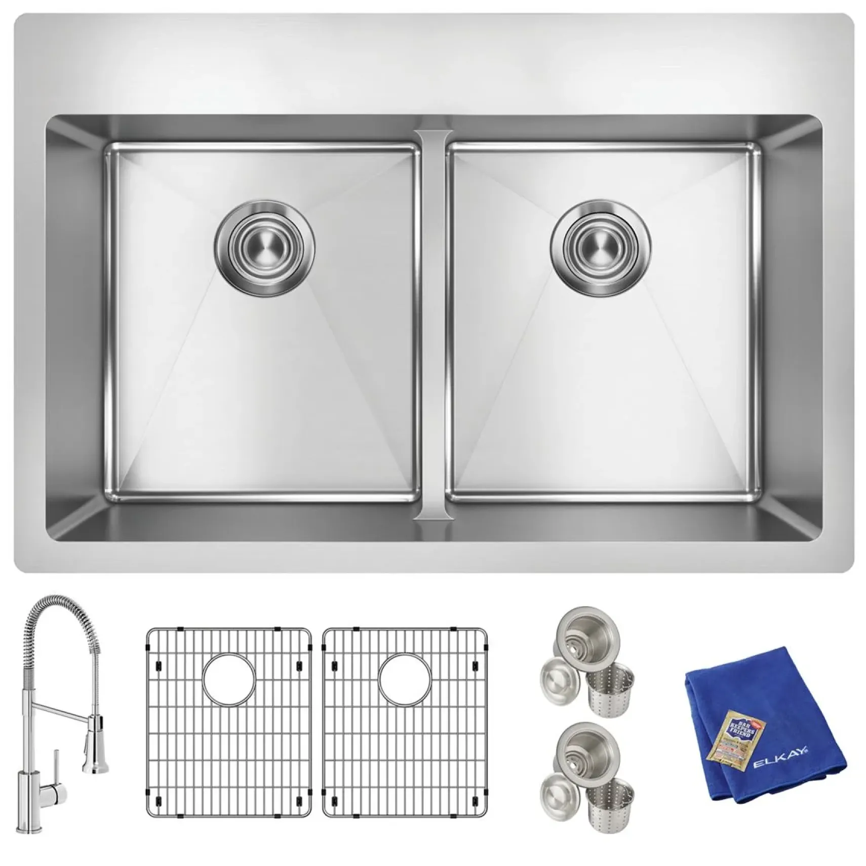 Elkay Crosstown 33" Dual Mount Stainless Steel Kitchen Sink Kit with Faucet, 50/50 with Aqua Divide Double Bowl, Polished Satin, 1 Faucet Hole, ECTSRA33229TFC