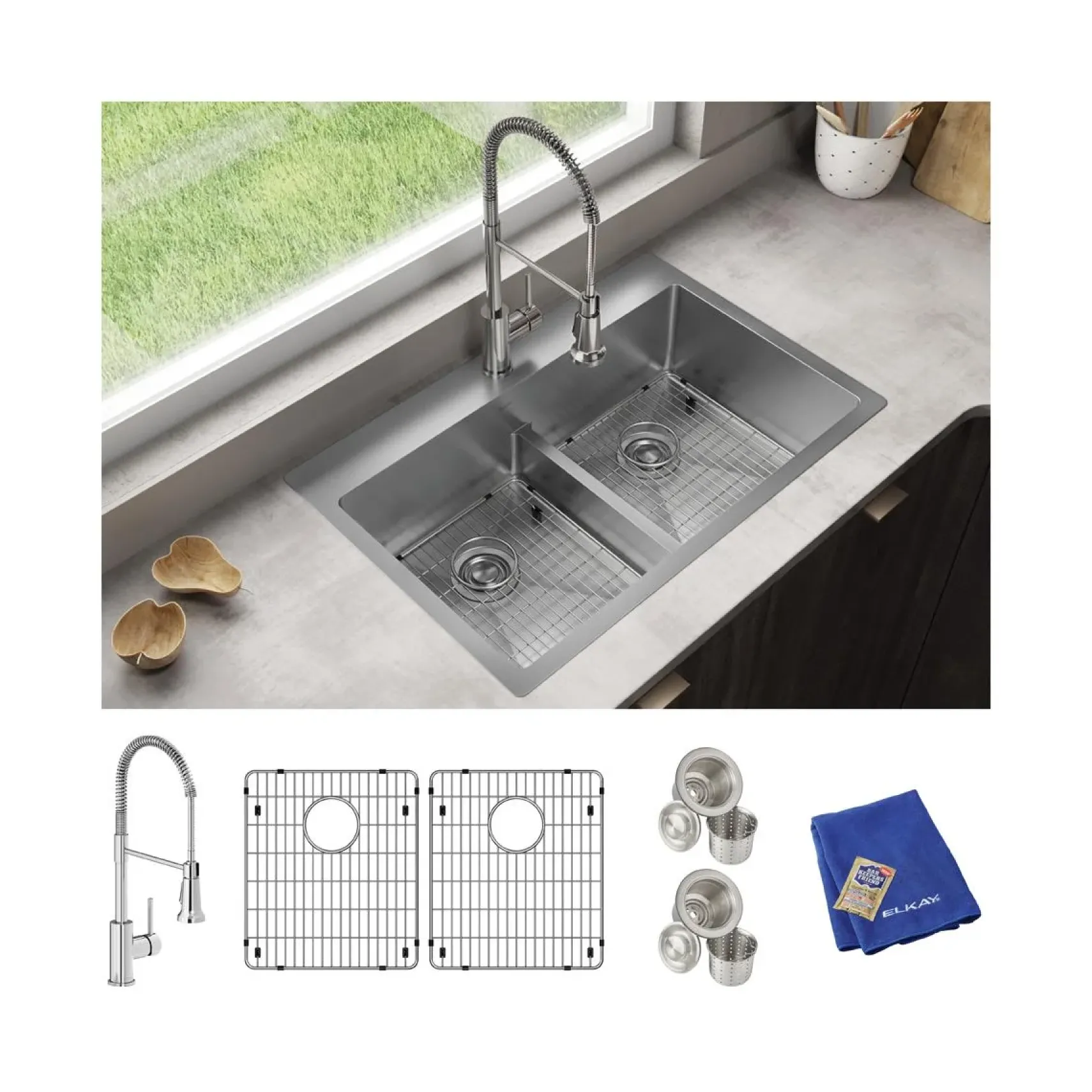 Elkay Crosstown 33" Dual Mount Stainless Steel Kitchen Sink Kit with Faucet, 50/50 with Aqua Divide Double Bowl, Polished Satin, 1 Faucet Hole, ECTSRA33229TFC