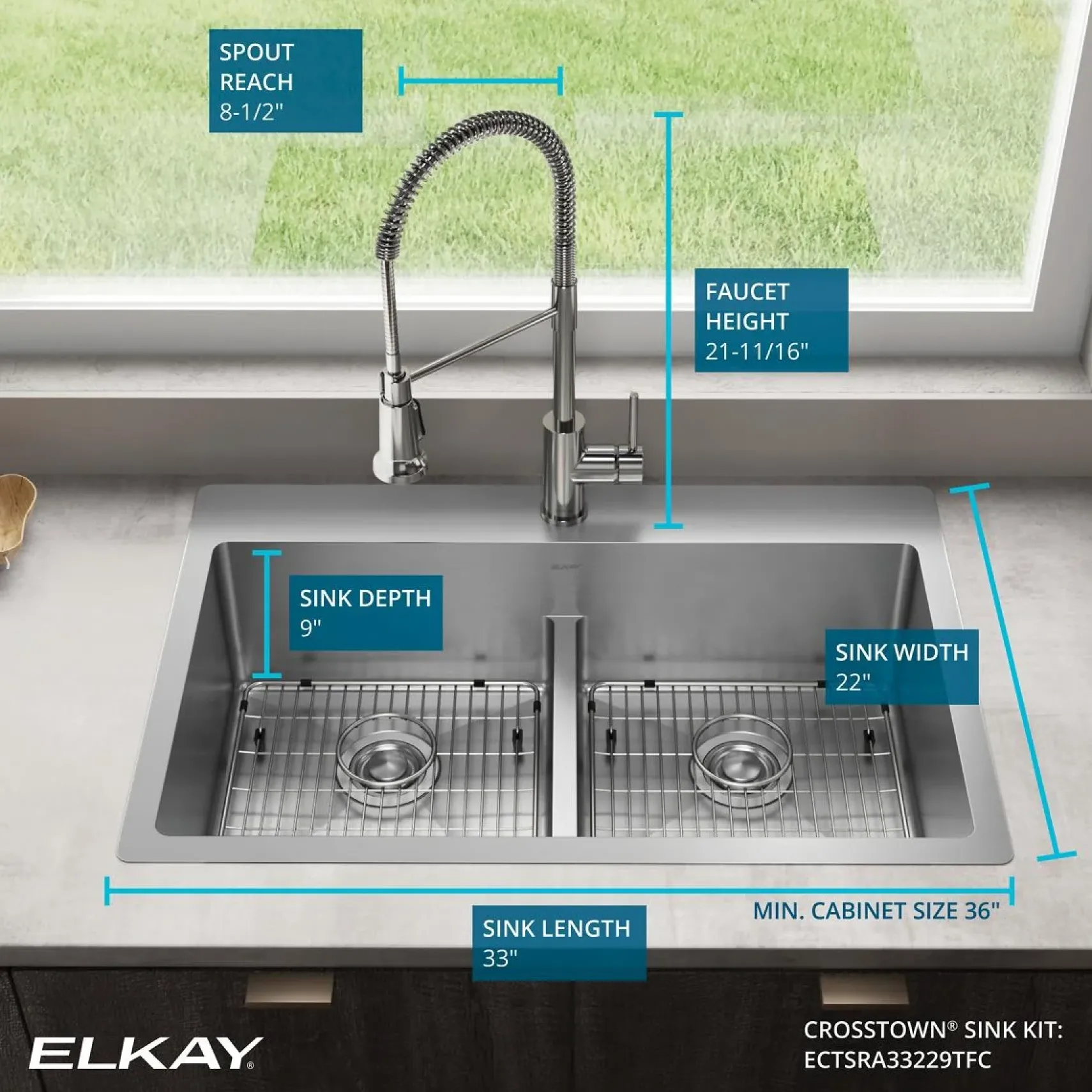 Elkay Crosstown 33" Dual Mount Stainless Steel Kitchen Sink Kit with Faucet, 50/50 with Aqua Divide Double Bowl, Polished Satin, 1 Faucet Hole, ECTSRA33229TFC