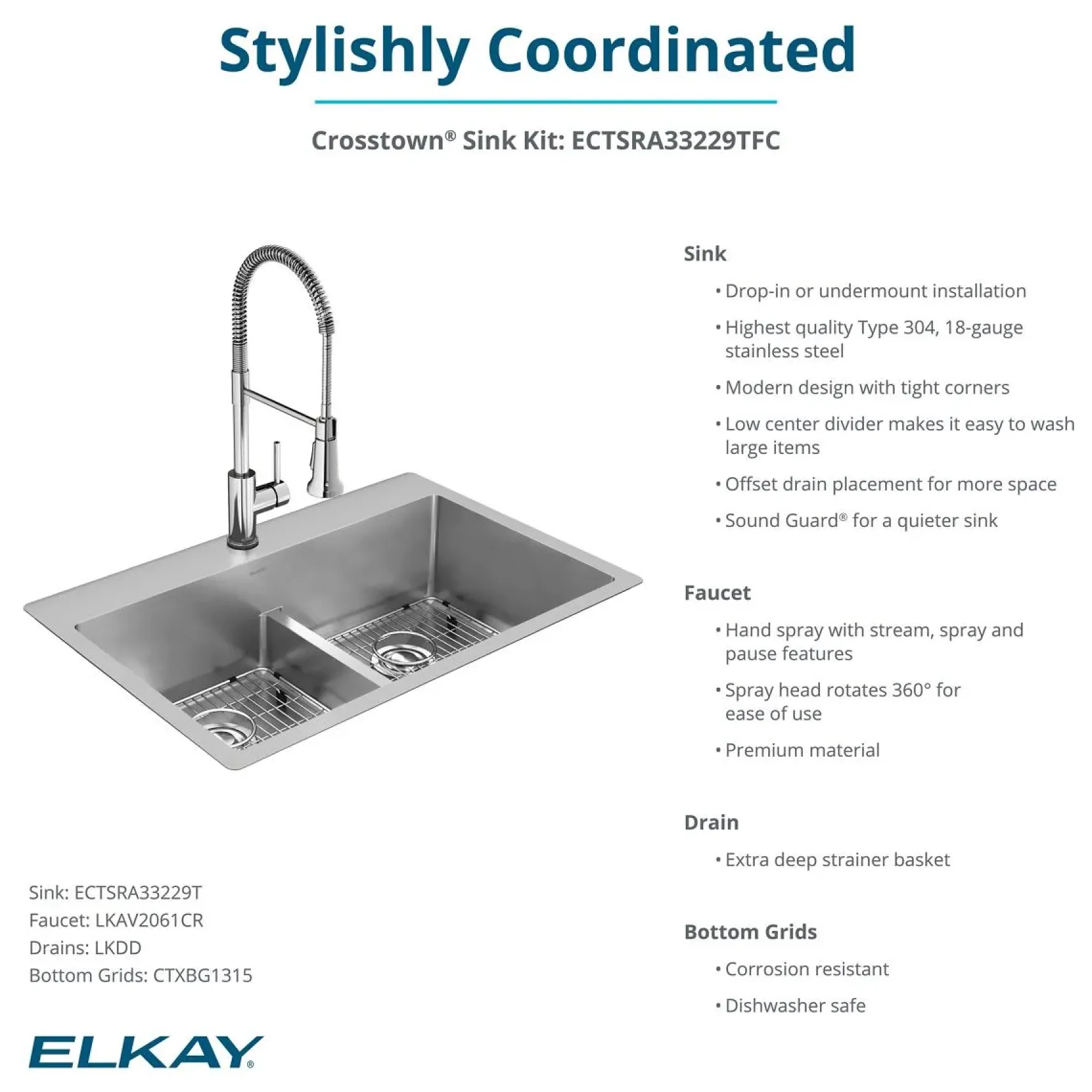 Elkay Crosstown 33" Dual Mount Stainless Steel Kitchen Sink Kit with Faucet, 50/50 with Aqua Divide Double Bowl, Polished Satin, 1 Faucet Hole, ECTSRA33229TFC