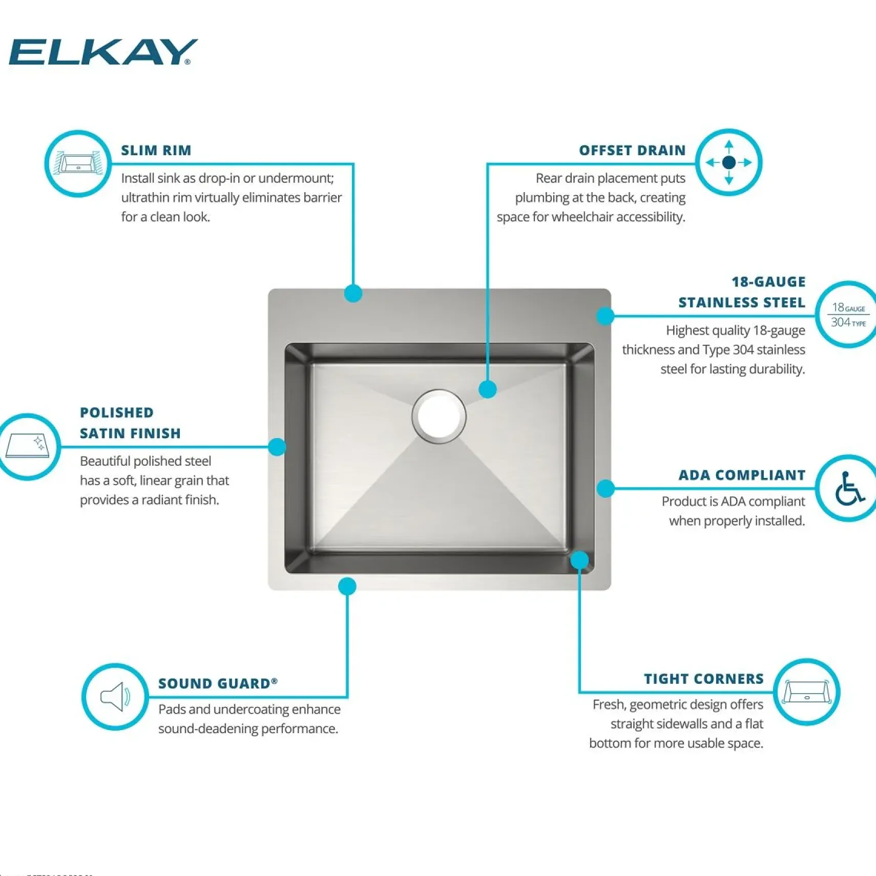 Elkay Crosstown 25" Dual Mount Stainless Steel ADA Kitchen Sink, Polished Satin, 4 Faucet Holes, ECTSRAD2522604