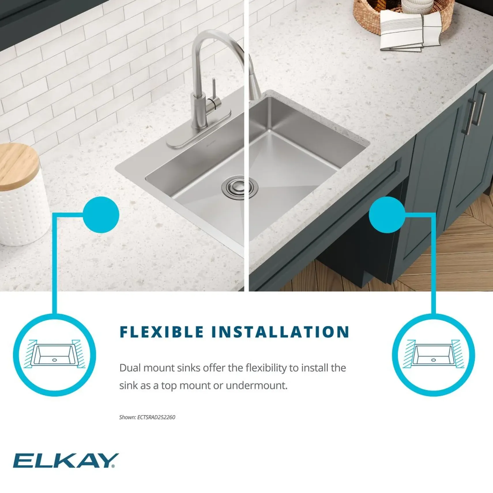 Elkay Crosstown 25" Dual Mount Stainless Steel ADA Kitchen Sink, Polished Satin, 4 Faucet Holes, ECTSRAD2522604