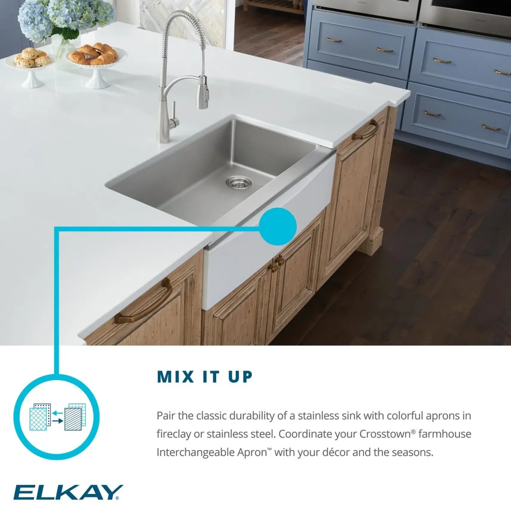 Elkay Crosstown 36" Stainless Steel Farmhouse Kitchen Sink for Interchangeable Apron, 55/65 Double Bowl, 16 Gauge, Polished Satin, CTXF234179C