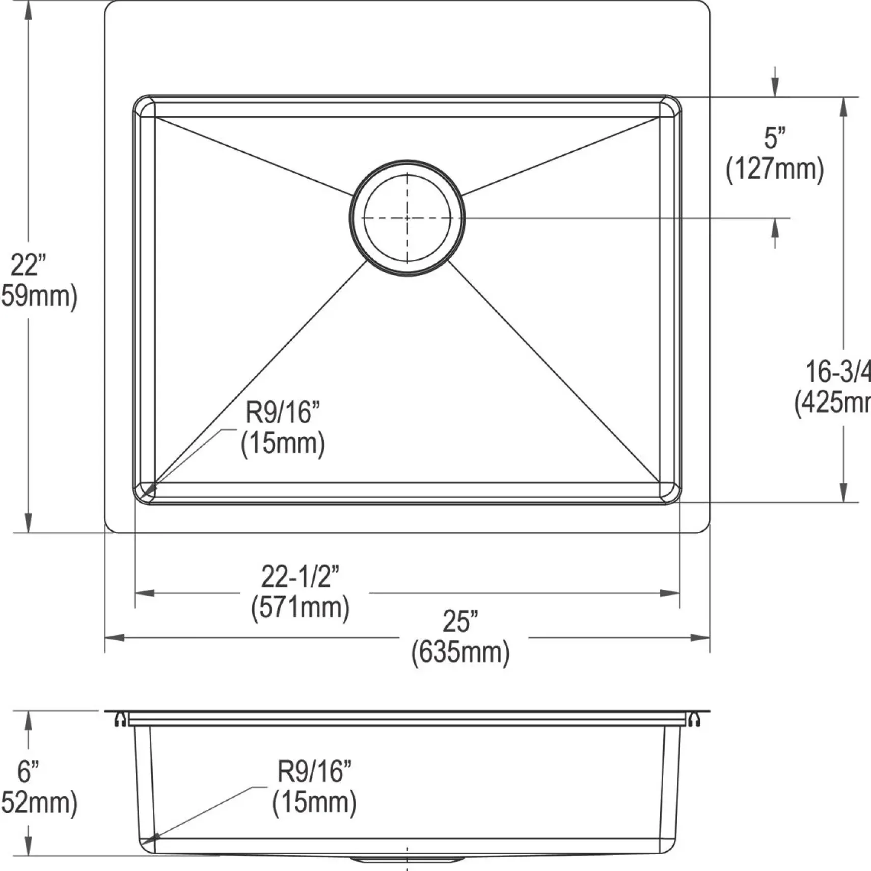 Elkay Crosstown 25" Stainless Steel Kitchen Sink Kit, Polished Satin, 5 Faucet Hole, ECTSRAD25226TBG5