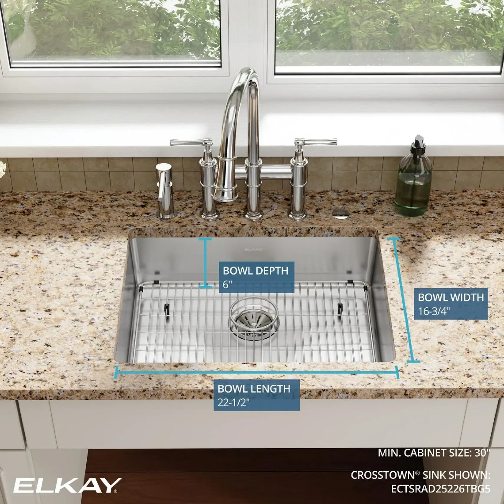 Elkay Crosstown 25" Stainless Steel Kitchen Sink Kit, Polished Satin, 5 Faucet Hole, ECTSRAD25226TBG5