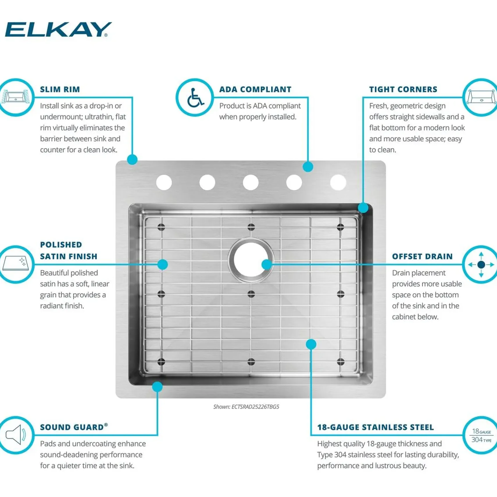 Elkay Crosstown 25" Stainless Steel Kitchen Sink Kit, Polished Satin, 5 Faucet Hole, ECTSRAD25226TBG5