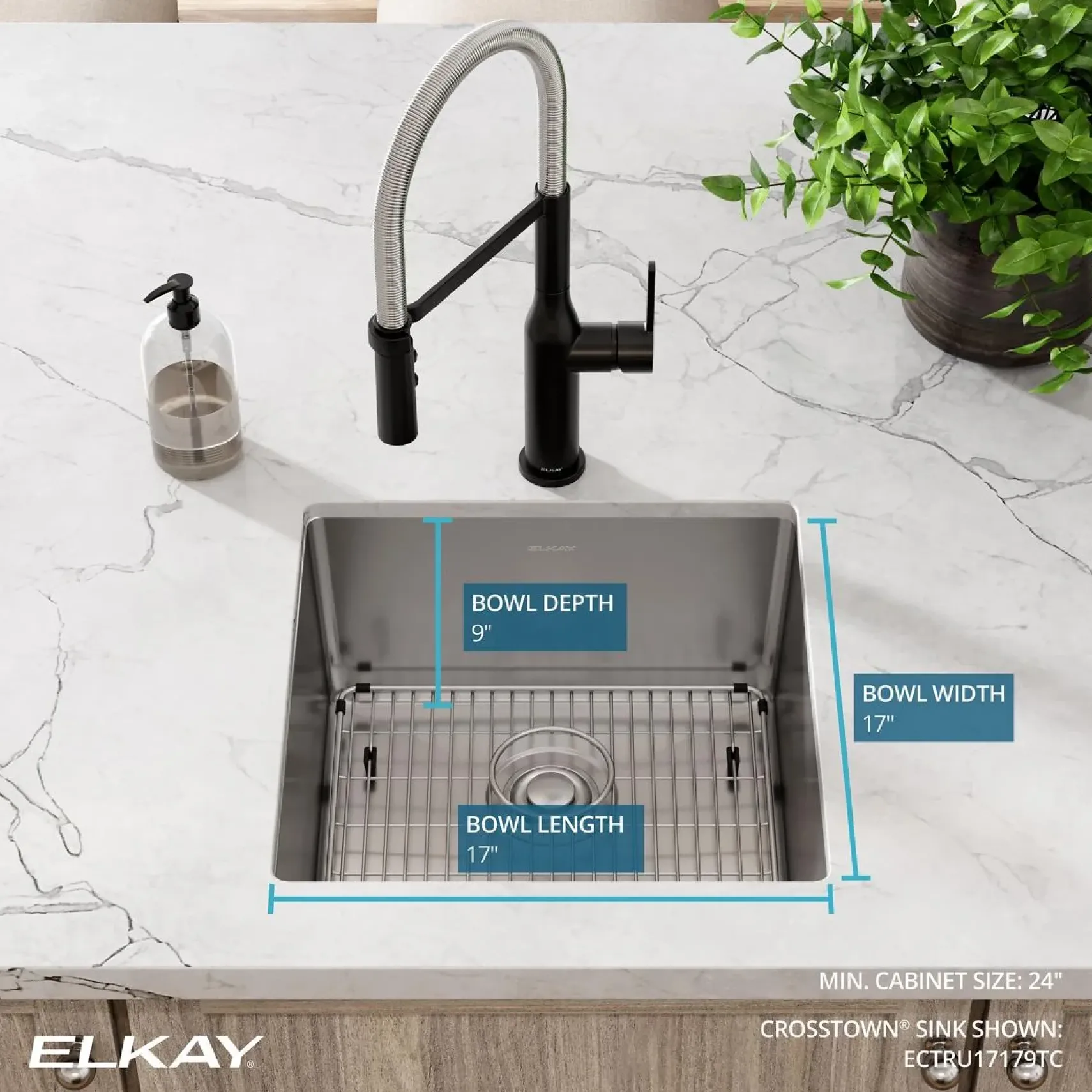 Elkay Crosstown 19" Stainless Steel Kitchen Sink, 18 Gauge, Polished Satin, ECTRU17179TC