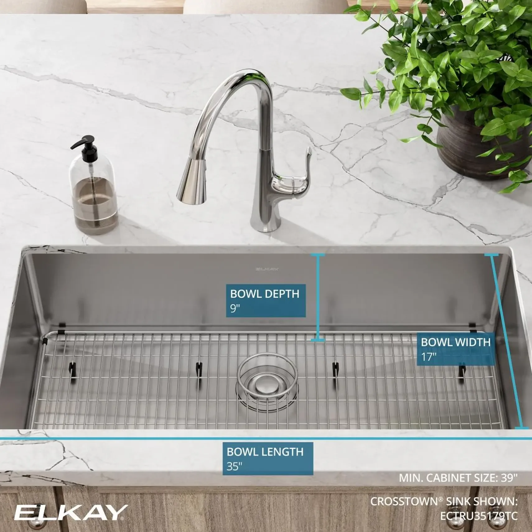 Elkay Crosstown 37" Stainless Steel Kitchen Sink, 18 Gauge, Polished Satin, ECTRU35179TC