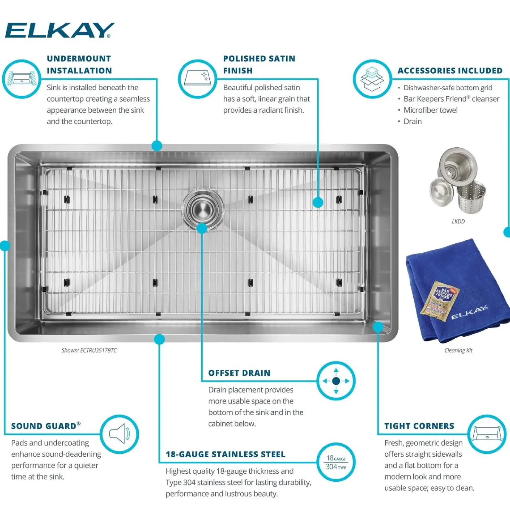 Elkay Crosstown 37" Stainless Steel Kitchen Sink, 18 Gauge, Polished Satin, ECTRU35179TC