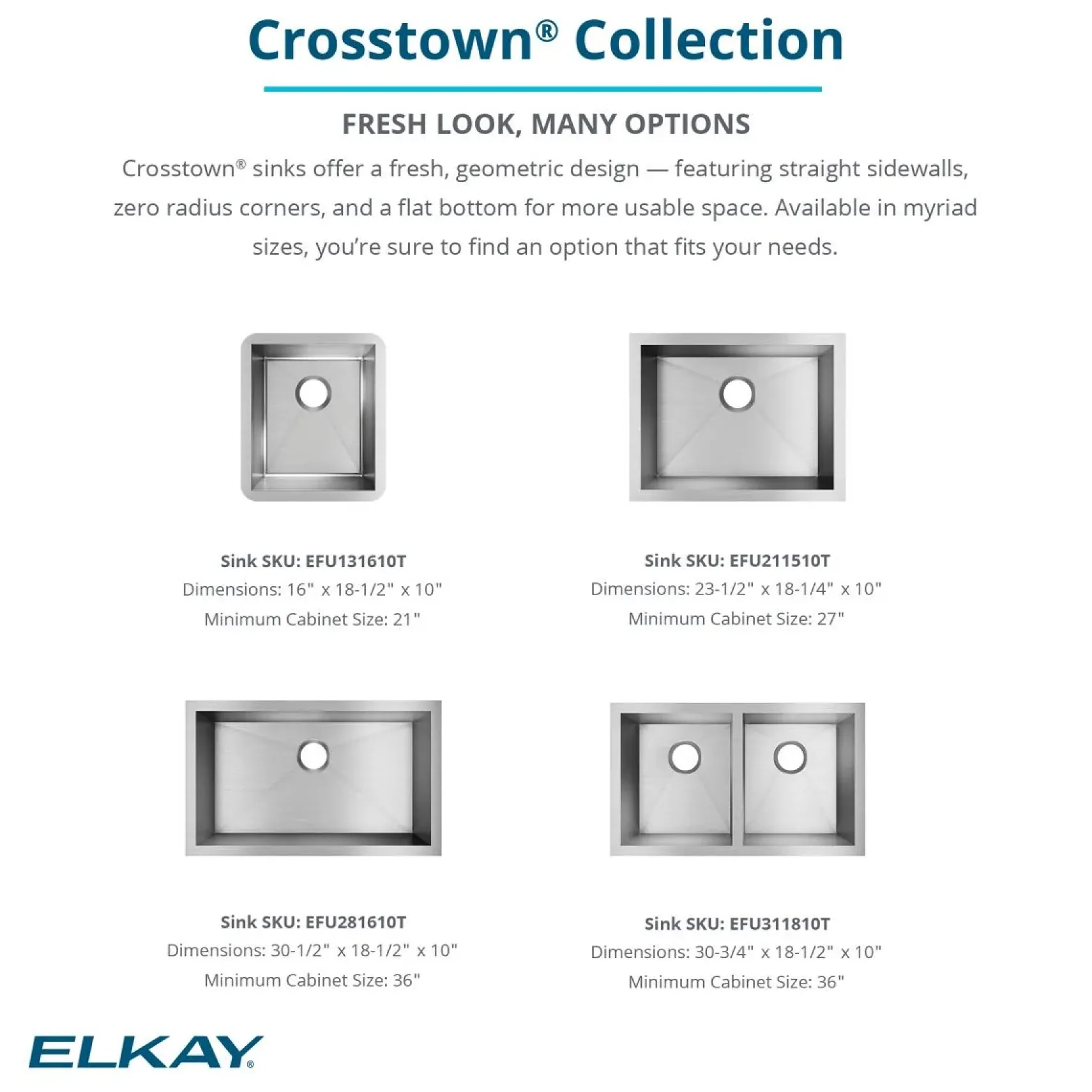 Elkay Crosstown 31" Stainless Steel Kitchen Sink, 16 Gauge, Polished Satin, EFRU281610T