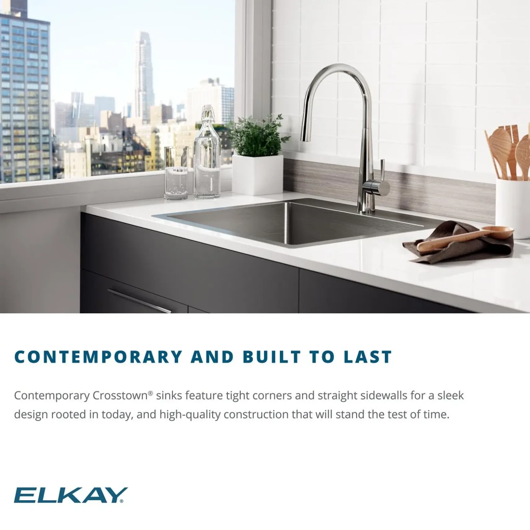 Elkay Crosstown 31" Stainless Steel Kitchen Sink, 16 Gauge, Polished Satin, EFRU281610T