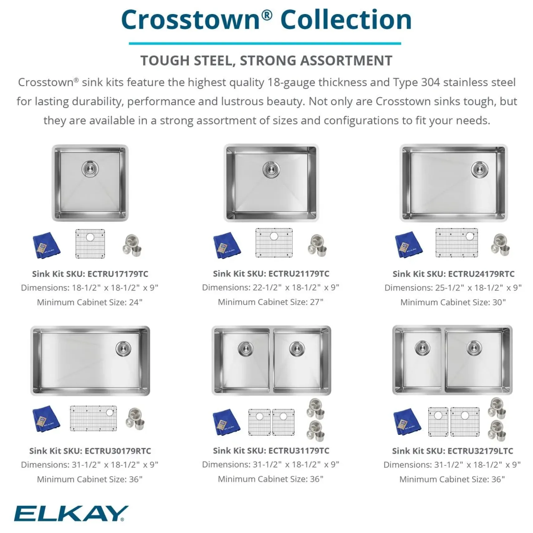 Elkay Crosstown 23" Stainless Steel Kitchen Sink, 18 Gauge, Polished Satin, ECTRU21179TC