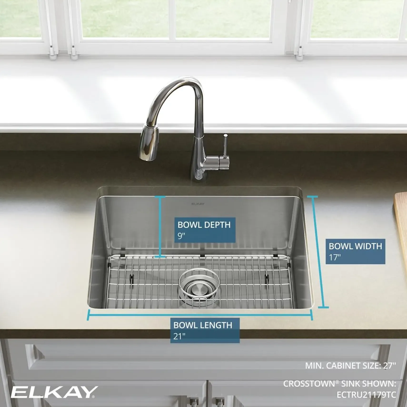 Elkay Crosstown 23" Stainless Steel Kitchen Sink, 18 Gauge, Polished Satin, ECTRU21179TC