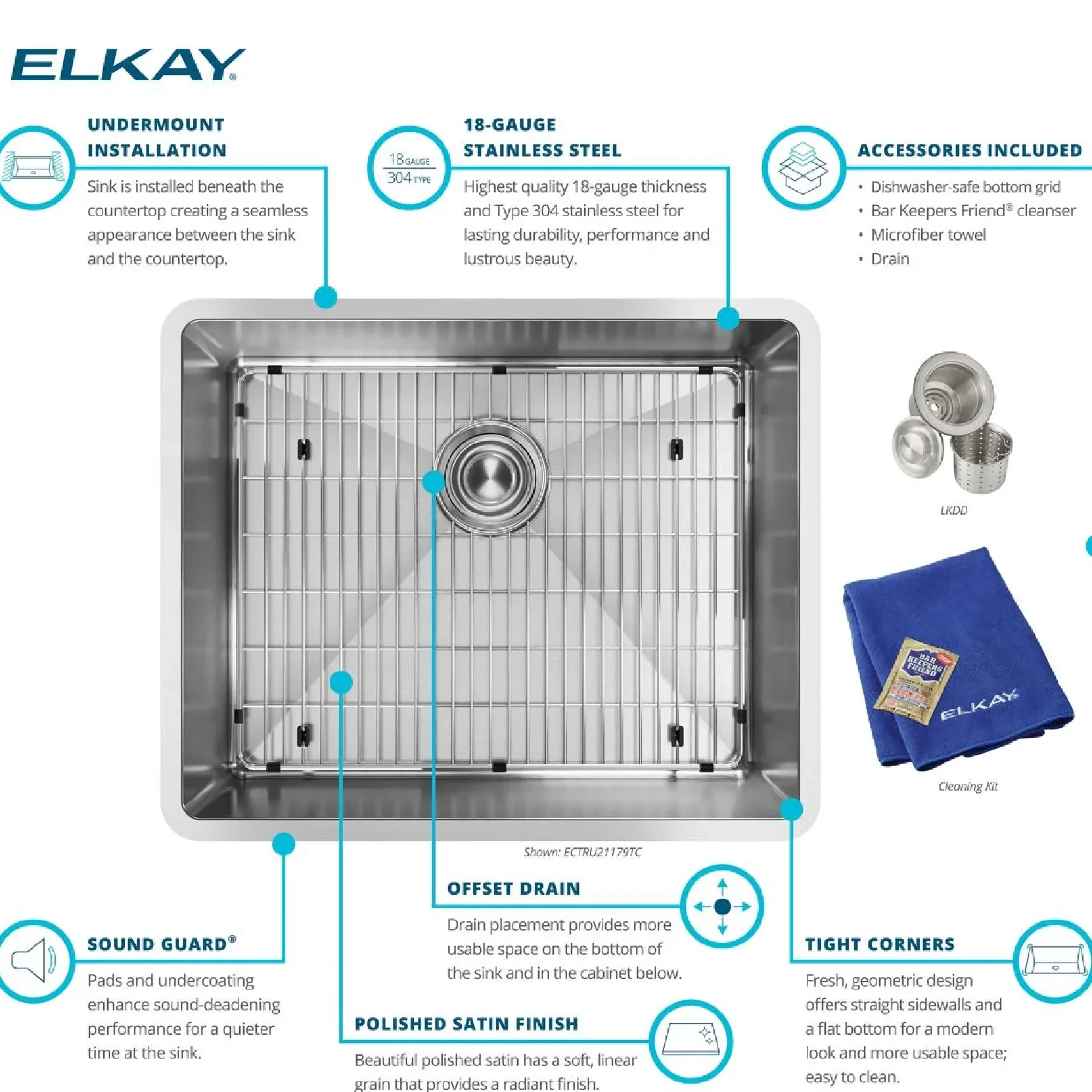 Elkay Crosstown 23" Stainless Steel Kitchen Sink, 18 Gauge, Polished Satin, ECTRU21179TC