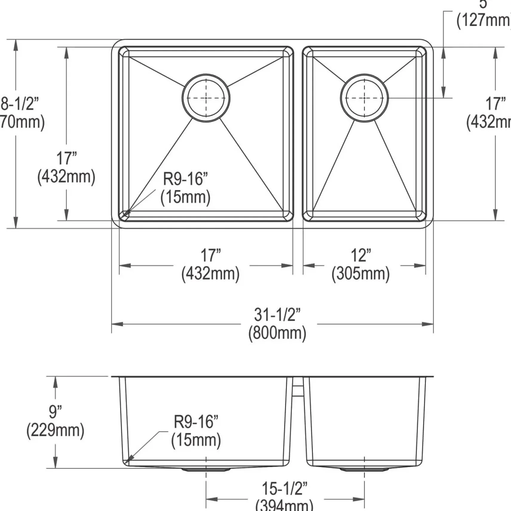 Elkay Crosstown 32" Stainless Steel Kitchen Sink, 60/40 Double Bowl, 18 Gauge, Polished Satin, ECTRU32179RT