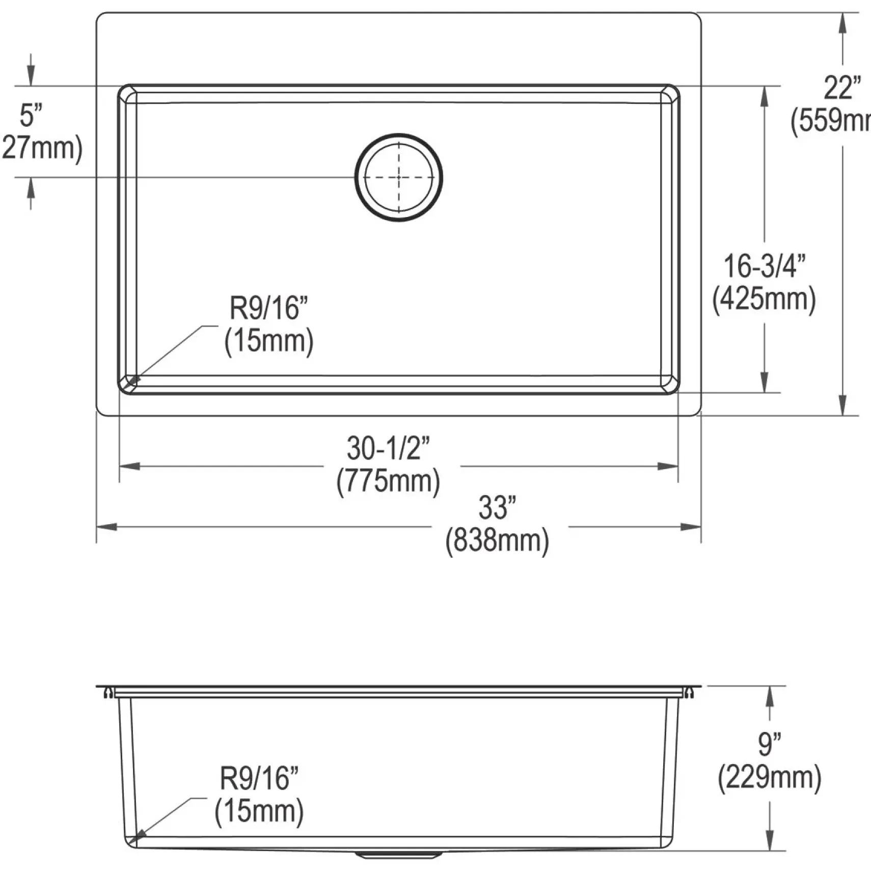 Elkay Crosstown 33" Stainless Steel Kitchen Sink Kit, Polished Satin, 3 Faucet Hole, ECTSRS33229TBG3