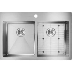 Elkay Crosstown 33" Stainless Steel Kitchen Sink, 50/50 Double Bowl, 18 Gauge, Sink Kit, Polished Satin, 1 Faucet Hole, ECTSR33229TBG1