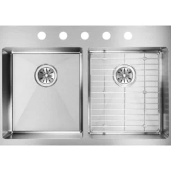 Elkay Crosstown 33" Stainless Steel Kitchen Sink, 50/50 Double Bowl, 18 Gauge, Sink Kit, Polished Satin, 5 Faucet Hole, ECTSRAD33226TBG5