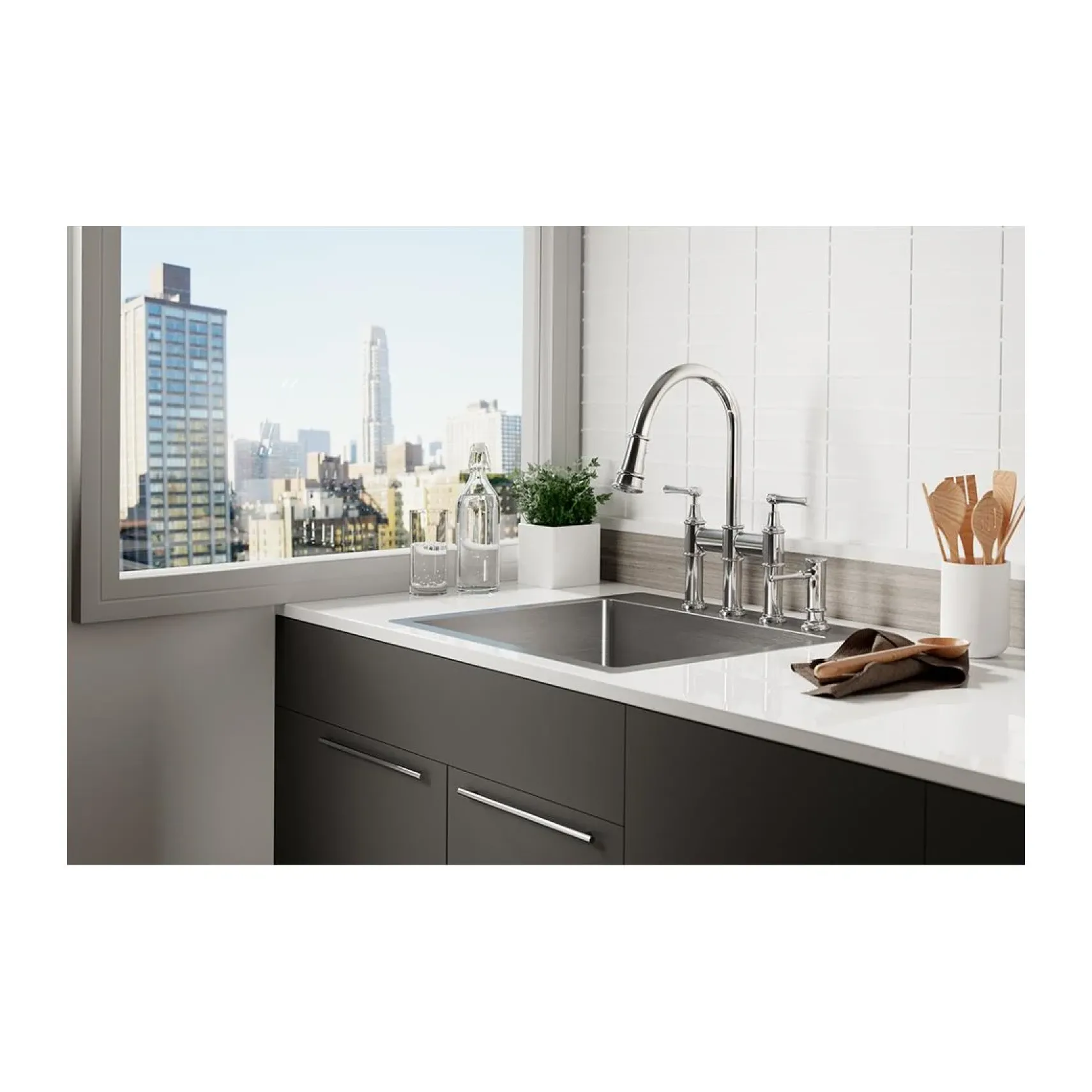 Elkay Crosstown 25" Stainless Steel Kitchen Sink Kit, Polished Satin, 5 Faucet Hole, ECTSR25229TBG5