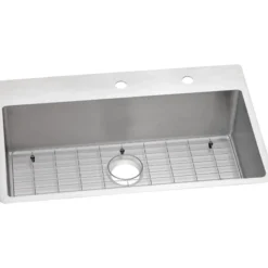 Elkay Crosstown 33" Stainless Steel Kitchen Sink Kit, Polished Satin, FR2 Faucet Hole, ECTSRS33229TBGFR2
