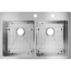 Elkay Crosstown 33" Stainless Steel Kitchen Sink, 50/50 Double Bowl, 18 Gauge, Sink Kit, Polished Satin, FR2 Faucet Hole, ECTSR33229TBGFR2