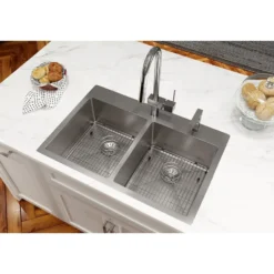 Elkay Crosstown 33" Stainless Steel Kitchen Sink, 50/50 Double Bowl, 18 Gauge, Sink Kit, Polished Satin, FR2 Faucet Hole, ECTSR33229TBGFR2