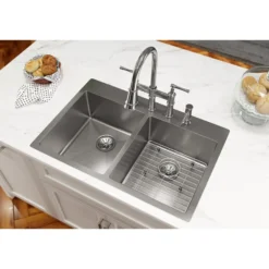 Elkay Crosstown 33" Stainless Steel Kitchen Sink, 50/50 Double Bowl, 18 Gauge, Sink Kit, Polished Satin, 4 Faucet Hole, ECTSR33229TBG4