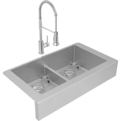 Elkay Crosstown 36" Stainless Steel Farmhouse Sink with Faucet, 50/50 with Aqua Divide Double Bowl, Polished Satin, 18 Gauge, ECTRUFA32179FBC