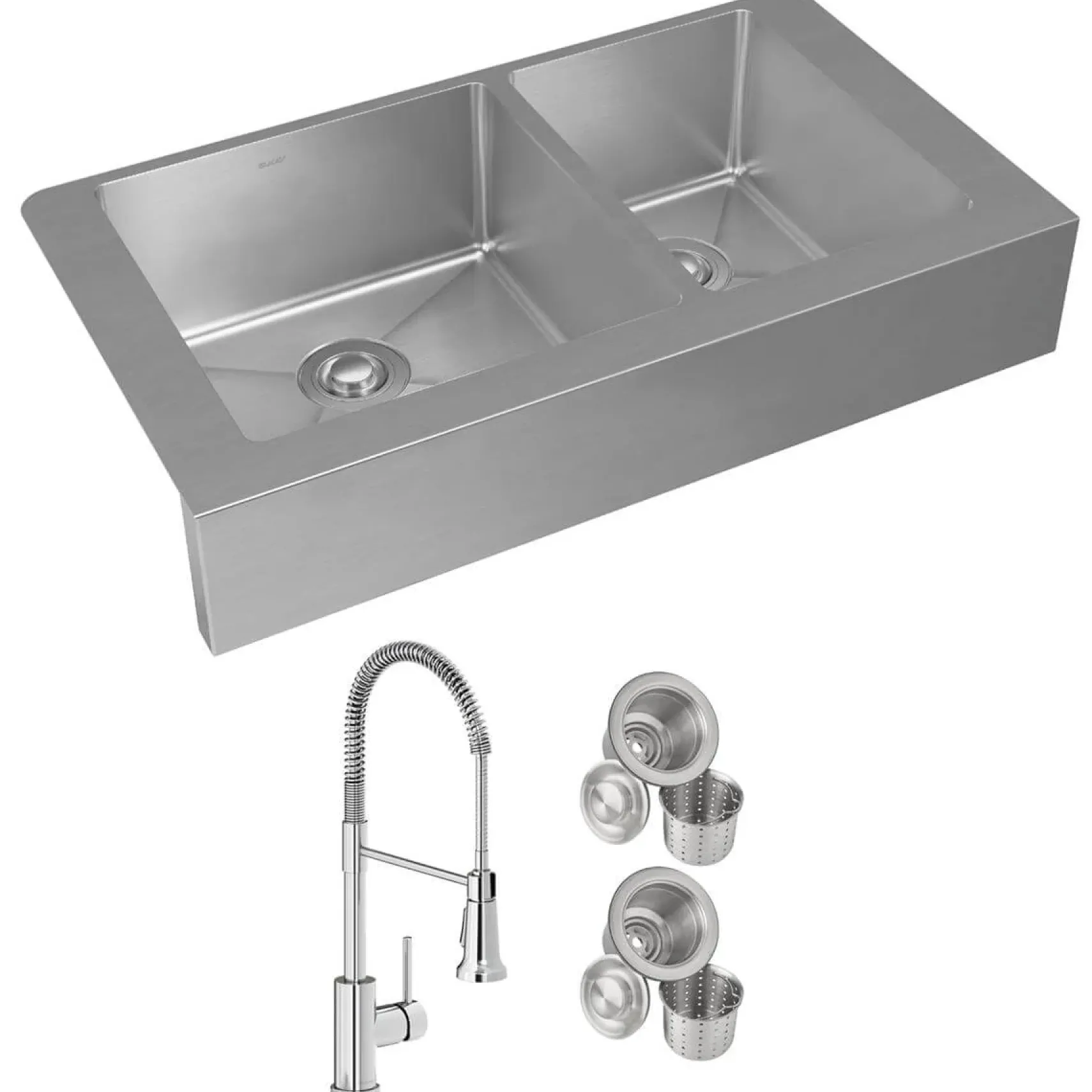 Elkay Crosstown 36" Stainless Steel Farmhouse Sink with Faucet, 60/40 Double Bowl, Polished Satin, 18 Gauge, ECTRUF32179RFCC