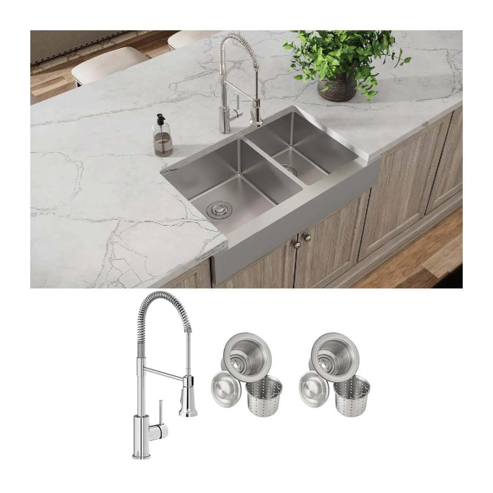 Elkay Crosstown 36" Stainless Steel Farmhouse Sink with Faucet, 60/40 Double Bowl, Polished Satin, 18 Gauge, ECTRUF32179RFCC